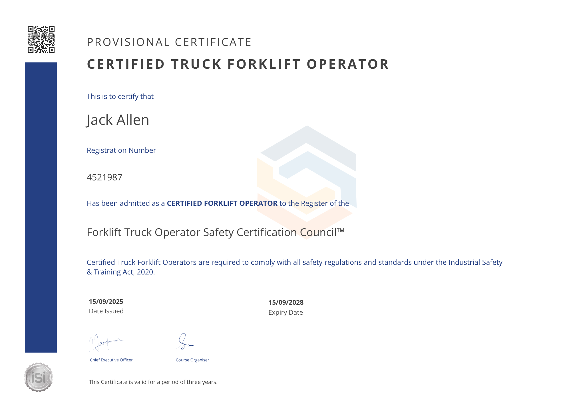 Provisional Forklift Truck Certificate Template